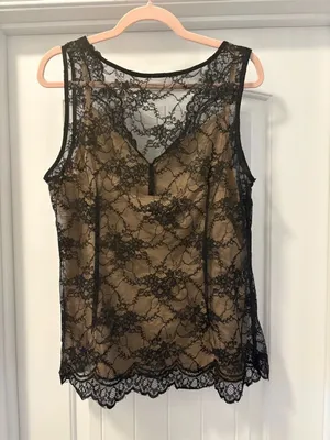 LOFT Black Lace Overlay Tank with Nude Lining Scalloped Edge Size 14 Y2K thumbnail 3