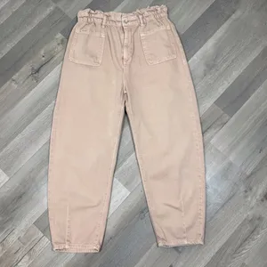 Zara High Rise Barrel‎ Leg Paper Bag Crop Jeans Baggy Beige Peach 12 thumbnail 3