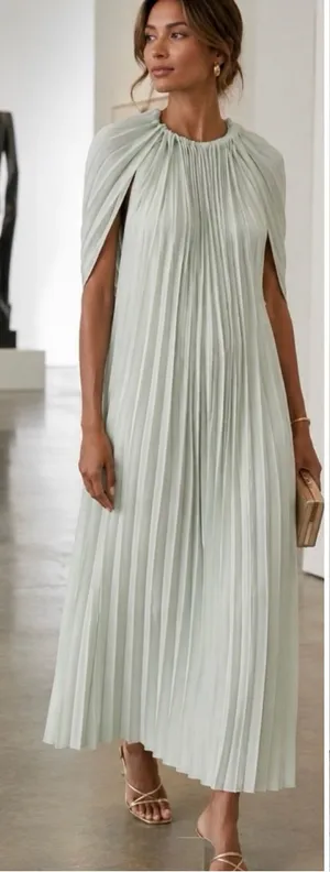 ☀️COS Pale Green Pleated Cape Sleeve Maxi Dress Minimalist Sz 8🧡 thumbnail 1