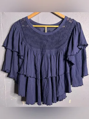 Free People Rose Party Tee Blouse Top Swingy Lace Embroidered Ruffle. Small thumbnail 3