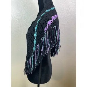 Womens Handmade Free Size Crochet Shawl Black Teal Purple Fringe Boho Wrap Layer thumbnail 3