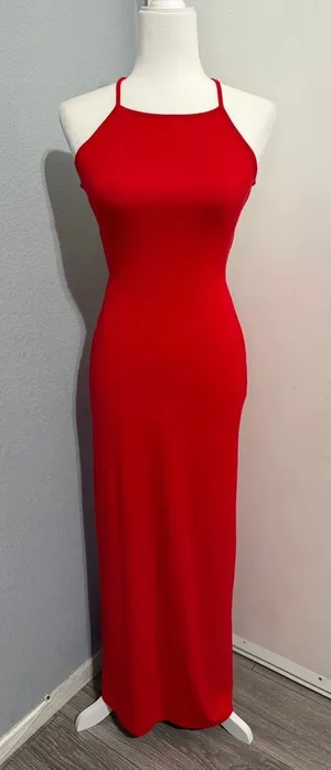 Red High Neck Maxi Dress S Halter Open Back‎ Lace Up Strappy Bodycon Formal Gown thumbnail 1