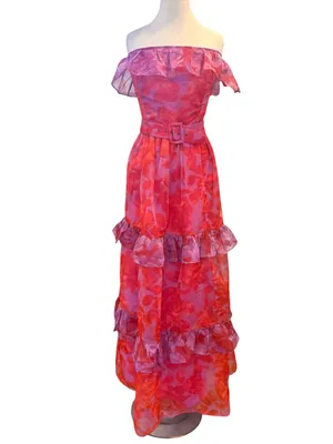 Anthropologie Strapless Tiered Maxi Dress Pink Orange Floral Ruffle Belted XL thumbnail 4