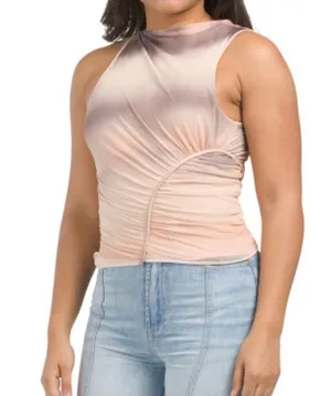 ZARA Women Sleeveless Asymmetrical Ruched Mesh Top Size S Peach/Black Dyed M thumbnail 1