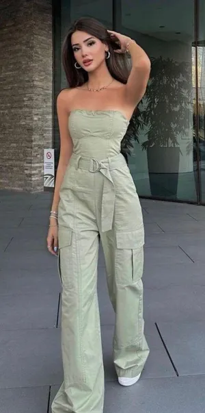 ZARA jumpsuit technical fabric cargo sleeveless wide streight leg light khaki thumbnail 4