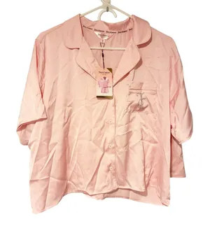 Juicy Couture Size XL Pink Satin 2‎ Piece Shorts Button Down Spellout Pajama NEW thumbnail 1