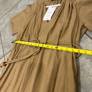 Zara Dress Womens Sz XS Khaki Olive Midi Pleated Tie Waist Contemprorary Beachy thumbnail 15