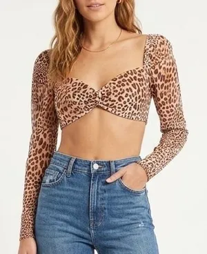 Naked Wardrobe Leopard Print Velvet Crop Top Long Sleeve Womens Small thumbnail 1