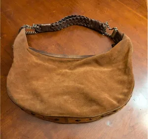 Donald Pliner Camel Suede/Metallic Cresent Studded Trim Hobo Purse thumbnail 1