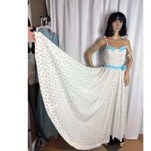 Vintage 1960s White Blue Floral Prairie Maxi Dress XS/S Talon Zip Circular thumbnail 9