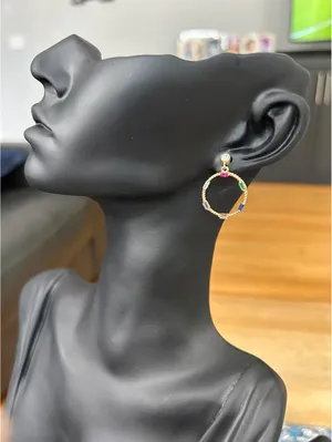 Gold-tone Hoop Earrings with Multicolor Gem Accents thumbnail 3