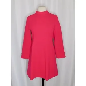 ZARA Mock Neck Mini Dress Gold Buttons Solid Pink Retro Knit Valentine Small thumbnail 2