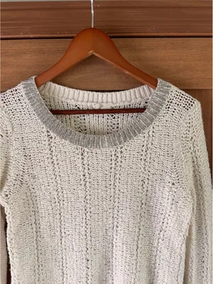 Anthropologie Moth Wool Blend Cream & Silver Knit Sweater Women’s Medium thumbnail 5