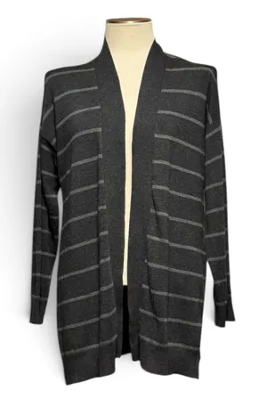 Eileen Fisher Open Front Cardigan Sweater Stretch Gray Stripe Medium thumbnail 1