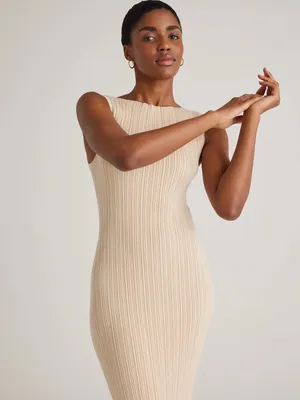 Quince Cotton Cashmere Ribbed Sleeveless Midi Dress Sz L Heather Oatmeal Summer thumbnail 5
