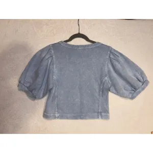 Aerie Seams Right Blue Acid Wash Puff Sleeve‎ Cropped Sweatshirt Scoop Neck NWT thumbnail 8