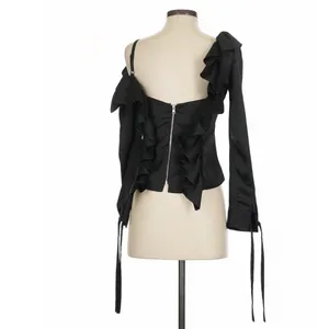 Osman Yousefzada Black Ruffle Cold Shoulder Satin Top Size 2 Whimsigoth Y2K thumbnail 5