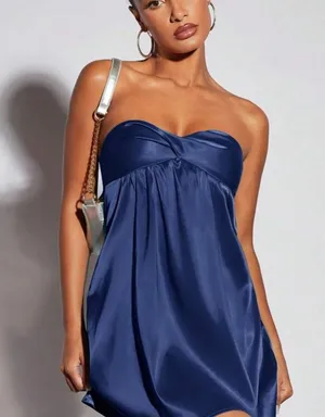 Blue Ruched Empire Waist Babydoll Mini Dress thumbnail 1