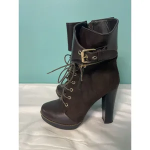 Italina Brown Suede Ankle Boots Gold Zipper and Buckle Size 7.5M‎ thumbnail 4
