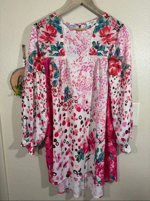 Umgee Boho Oversized Pink Floral & Tropical Leopard Print Top Size S thumbnail 1