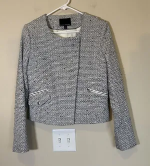 Banana‎ Republic Tweed Jacket Fringed Gray White Luxury Cocktail Office Womens 4 thumbnail 1