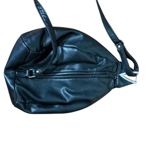 Black‎ Leather Like Sling Teardrop Backpack Silver V Hardware Adjustable Strap Black thumbnail 3