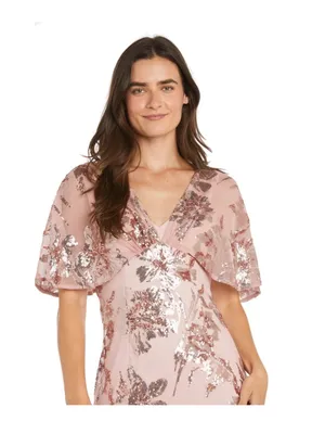NWT R&M Richard Sequin Floral Cocktail Dress with Sheer Overlay Cape Rose 12P thumbnail 4