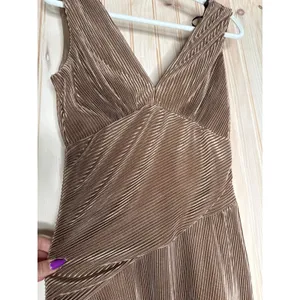 NWT Lulus Renee Light Brown Satin Plisse V-Neck Maxi Dress Gala Banquet Size S thumbnail 3