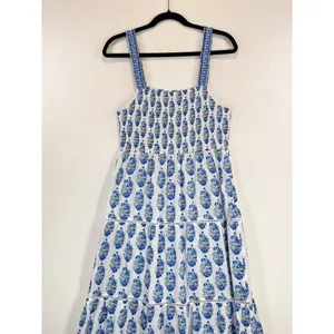 Playa Lucila Maxi Dress Blue Smock Border Tiered Sleeveless Sundress Boho Large thumbnail 8