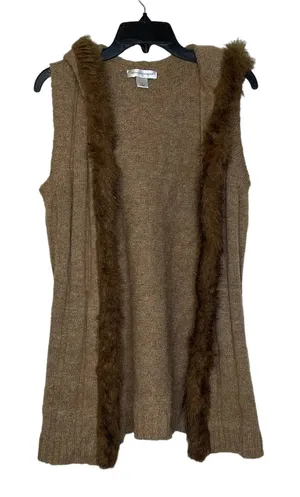Christopher & Banks Open‎ Hooded Brown Vest Fux Fur Trim Wool Blend Women Small thumbnail 1