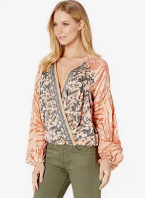 Free People Floral & Tie-Dye Wrap Blouse in Peach and Navy thumbnail 3