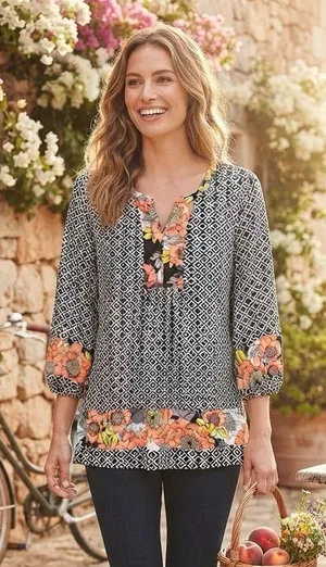 Ruby Rd. Black Geometric Tunic with Coral Floral Trim thumbnail 1