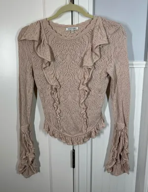 Ronny Kobo Tan Pointelle Open-Knit Bell Sleeve Ruffle Sweater Top Size Small thumbnail 1