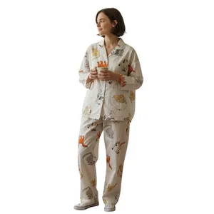 Aegean Apparel Cat Print 100% Cotton Pajama Set White Womens Medium EUC thumbnail 3