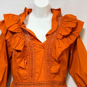 New York & Company Burnt Orange Ruffle Crochet Lace Peplum Blouse Medium NWT thumbnail 4