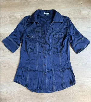 EUC Cache short sleeve pearl snap blue button up pockets western SILK size S VTG thumbnail 1