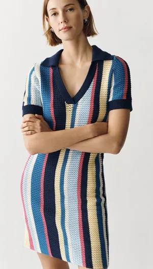 Maeve Anthropologie Multi Stripe Collared Crochet Knit Mini Dress Size Small NWT thumbnail 1