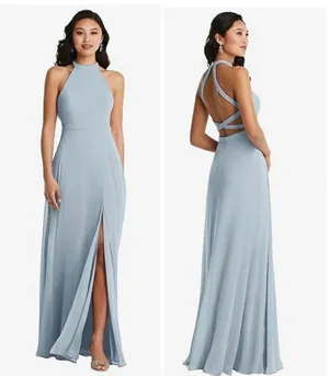 Dessy Collection Stand Collar Halter Maxi Dress Criss Cross Open-back Mist 4 thumbnail 2