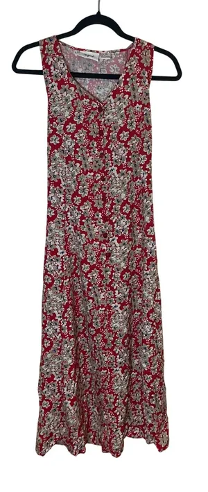 Vintage 90s Toyjours Floral Maxi Dress M Red Rayon Button Front Tie Back thumbnail 1
