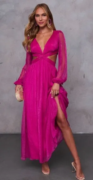 NWOT VICI Fuchsia Long Sleeve Cutout Maxi Dress SIZE SMALL thumbnail 1