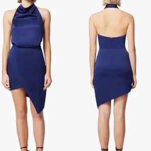 NWOT ELLIATT Camo Asymmetric Satin Cocktail halter mini Dress Blue navy sz M thumbnail 2
