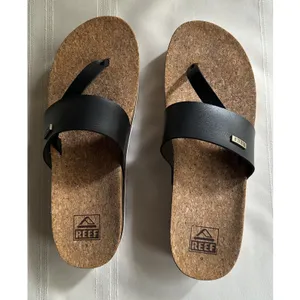 REEF Cushion Sol Hi Platform Flip Flop Sandals Black Tan Womens 9 Cork Wedge EUC thumbnail 9