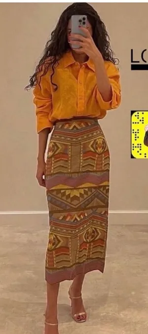 Zara Geometric Embroidered Midi Skirt in Mustard, Pink & Brown thumbnail 1