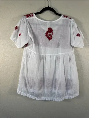 Raga White Red Embroidered Floral Babydoll Blouse Womens L Boho Cotton Top thumbnail 3