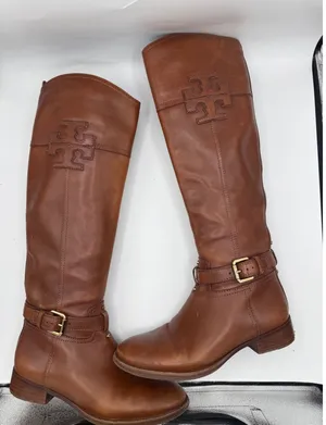Tory Burch Riding‎ Boots Women's 6.5 Cognac Leather Tall Equestrian Logo Boots thumbnail 1