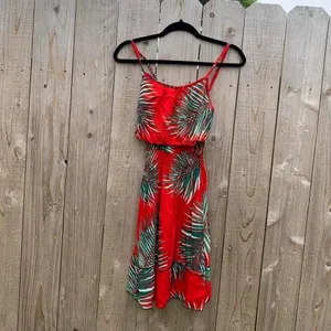 Red &‎ green palm leaf tropical dress size small Hawaiian spring summer beach thumbnail 3