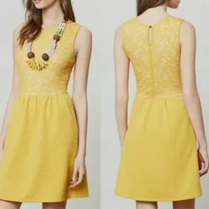 Anthropologie Maeve mustard yellow dress lace overlay sleeveless fit & flare M thumbnail 2
