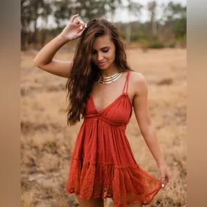 Halter Babydoll Mini Dress Boho Mesh Swiss Dot Hem Small Red Orange thumbnail 6