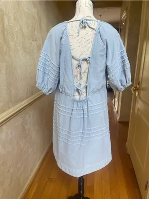 7 For All Mankind Light Blue Cotton V-Neck Puff Sleeve Relaxed Mini Dress XL thumbnail 4