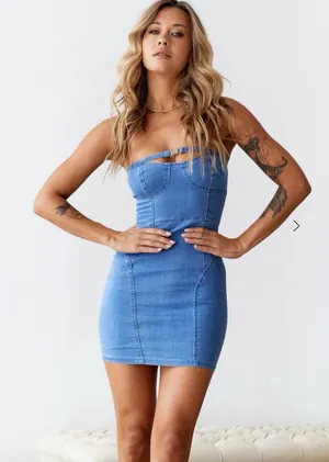 HELLO MOLLY The Eve Denim Mini Dress S Blue Sleeveless Cotton Stretchy thumbnail 1